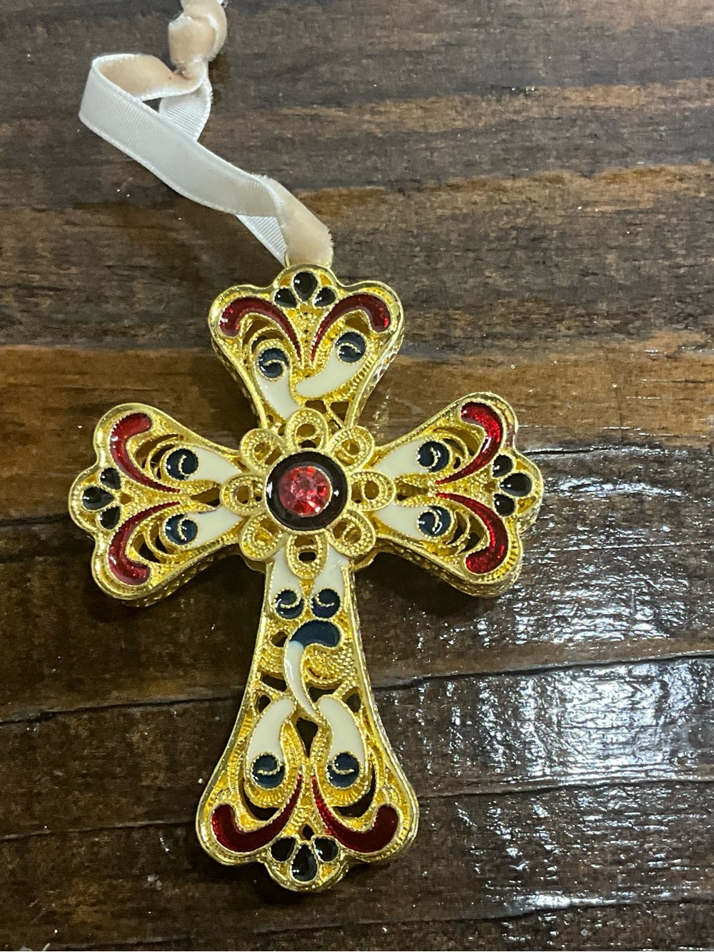 Cloisonné Gold Enameled Cross Christmas Ornament with Ribbon Hanger